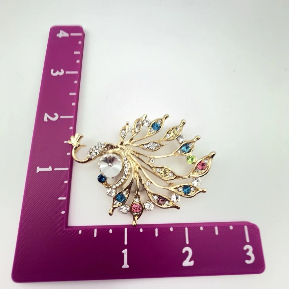 Hummingbird & Peacock Brooch Set Gold Tone Rhinestone Enamel Bird Pins